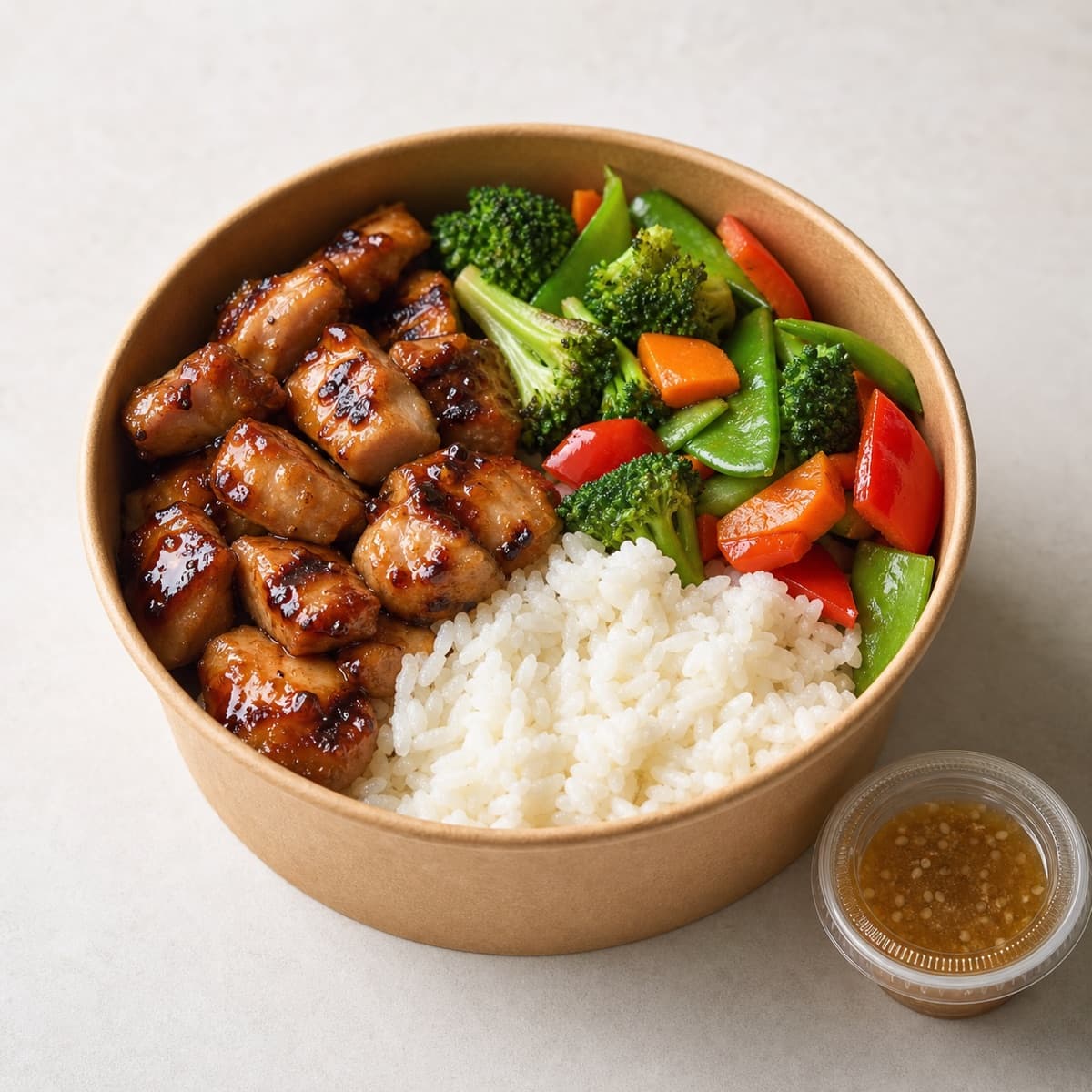 Japanese barbecue chicken bowl with rice and vegetables